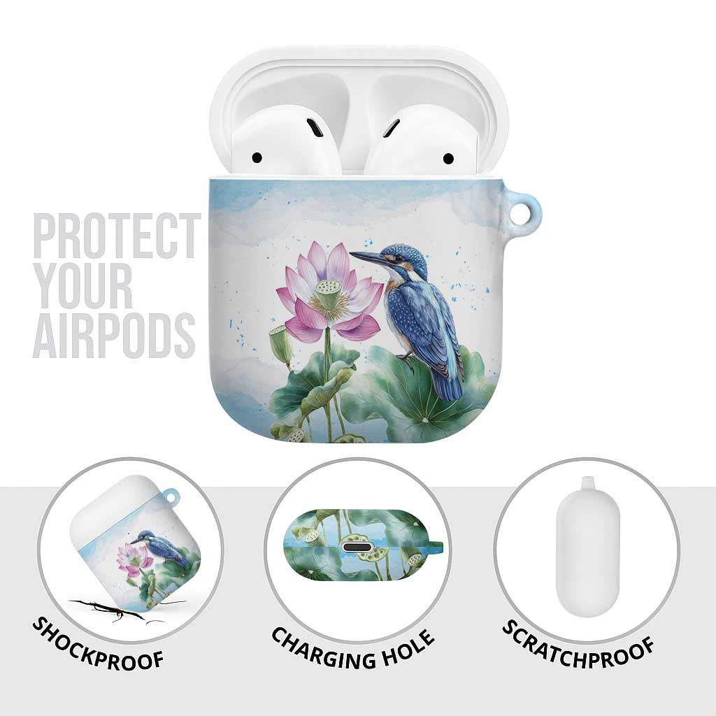 Australia Azure Kingfisher AirPods Case Ceyx Azureus Sacred Lotus Watercolor - Aussie Hoodie