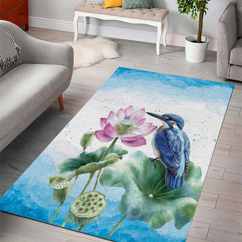 Australia Azure Kingfisher Area Rug Ceyx Azureus Sacred Lotus Watercolor - Aussie Hoodie