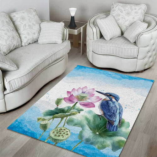 Australia Azure Kingfisher Area Rug Ceyx Azureus Sacred Lotus Watercolor - Aussie Hoodie