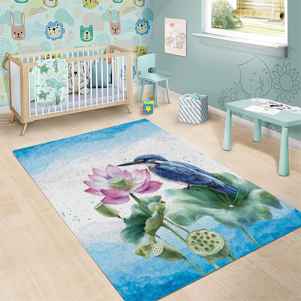 Australia Azure Kingfisher Area Rug Ceyx Azureus Sacred Lotus Watercolor - Aussie Hoodie