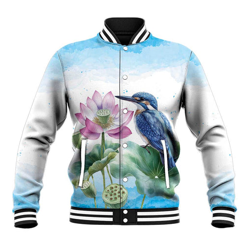 Australia Azure Kingfisher Baseball Jacket Ceyx Azureus Sacred Lotus Watercolor - Aussie Hoodie
