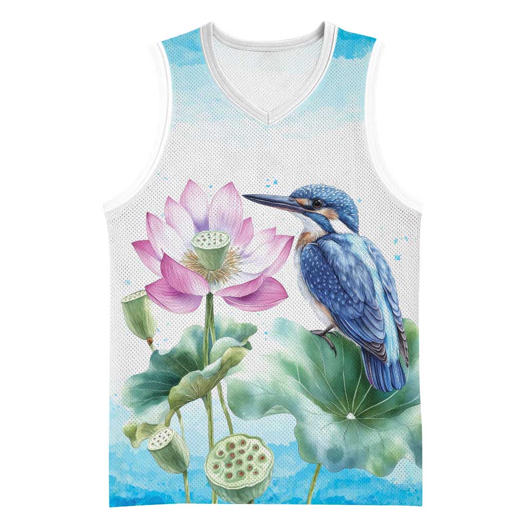 Australia Azure Kingfisher Basketball Jersey Ceyx Azureus Sacred Lotus Watercolor - Aussie Hoodie