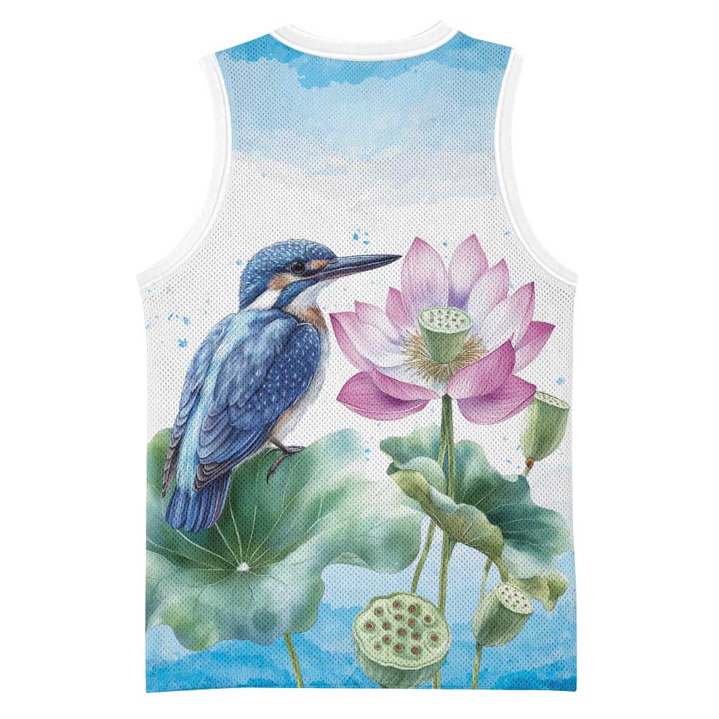 Australia Azure Kingfisher Basketball Jersey Ceyx Azureus Sacred Lotus Watercolor - Aussie Hoodie
