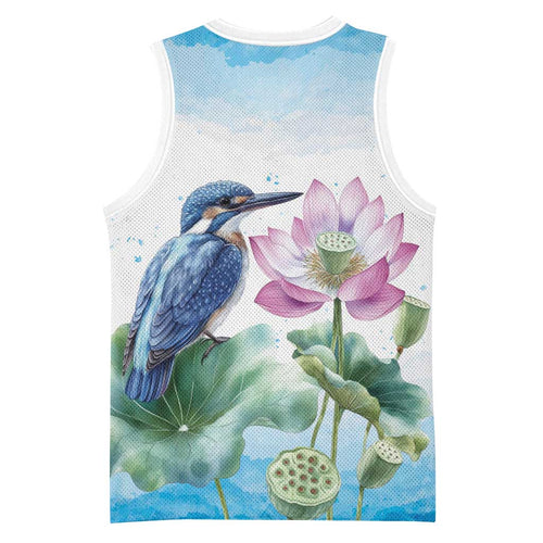 Australia Azure Kingfisher Basketball Jersey Ceyx Azureus Sacred Lotus Watercolor - Aussie Hoodie