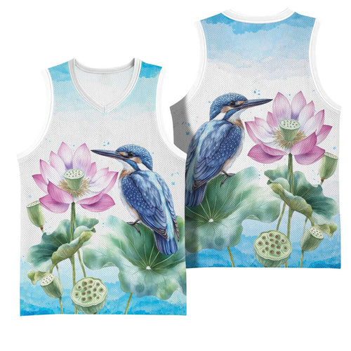 Australia Azure Kingfisher Basketball Jersey Ceyx Azureus Sacred Lotus Watercolor - Aussie Hoodie