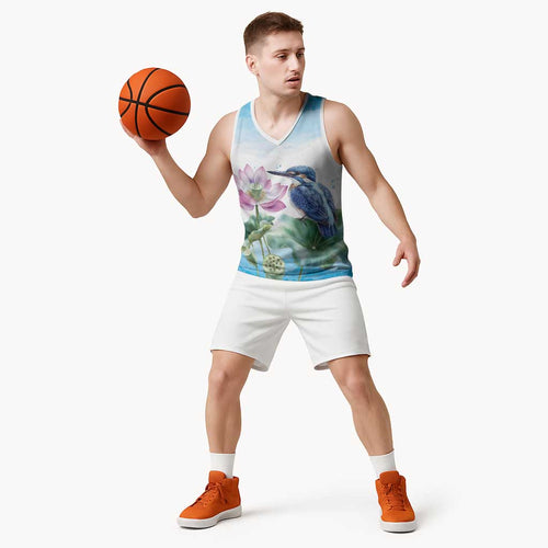 Australia Azure Kingfisher Basketball Jersey Ceyx Azureus Sacred Lotus Watercolor - Aussie Hoodie