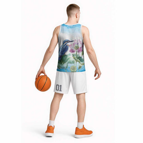 Australia Azure Kingfisher Basketball Jersey Ceyx Azureus Sacred Lotus Watercolor - Aussie Hoodie