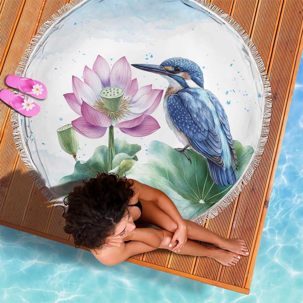 Australia Azure Kingfisher Beach Blanket Ceyx Azureus Sacred Lotus Watercolor - Aussie Hoodie