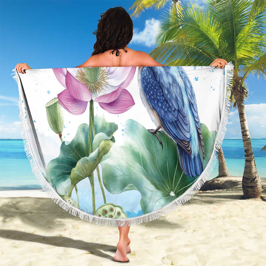 Australia Azure Kingfisher Beach Blanket Ceyx Azureus Sacred Lotus Watercolor - Aussie Hoodie