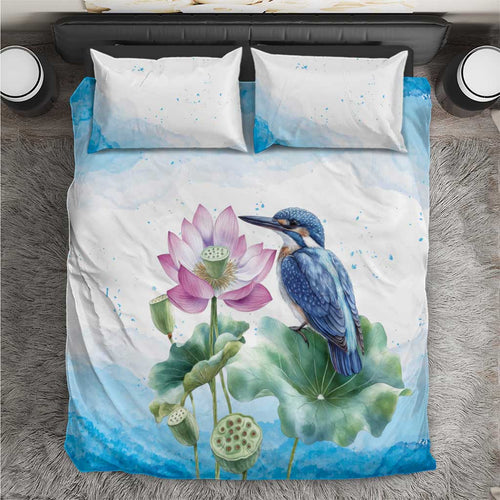 Australia Azure Kingfisher Bedding Set Ceyx Azureus Sacred Lotus Watercolor - Aussie Hoodie