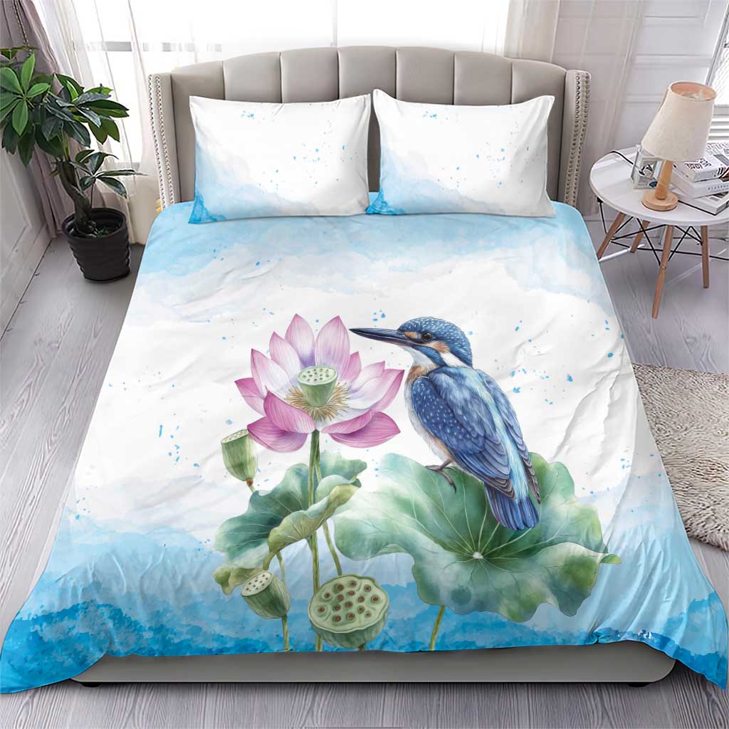 Australia Azure Kingfisher Bedding Set Ceyx Azureus Sacred Lotus Watercolor - Aussie Hoodie