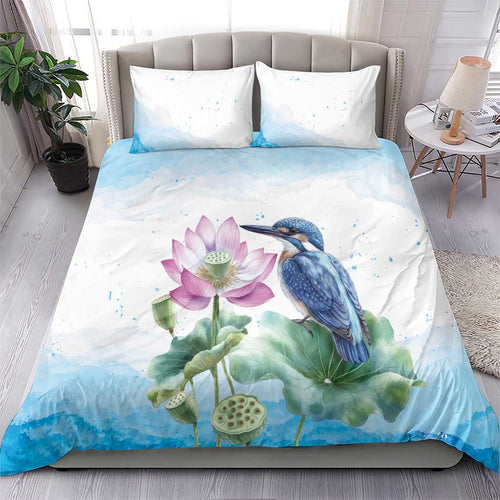 Australia Azure Kingfisher Bedding Set Ceyx Azureus Sacred Lotus Watercolor - Aussie Hoodie