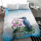 Australia Azure Kingfisher Bedding Set Ceyx Azureus Sacred Lotus Watercolor - Aussie Hoodie