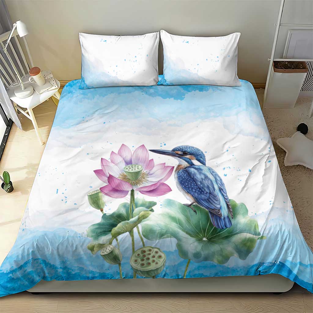 Australia Azure Kingfisher Bedding Set Ceyx Azureus Sacred Lotus Watercolor - Aussie Hoodie