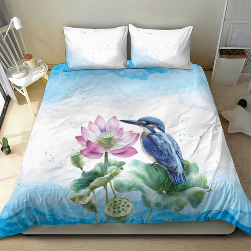 Australia Azure Kingfisher Bedding Set Ceyx Azureus Sacred Lotus Watercolor - Aussie Hoodie