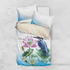 Australia Azure Kingfisher Bedding Set Ceyx Azureus Sacred Lotus Watercolor - Aussie Hoodie