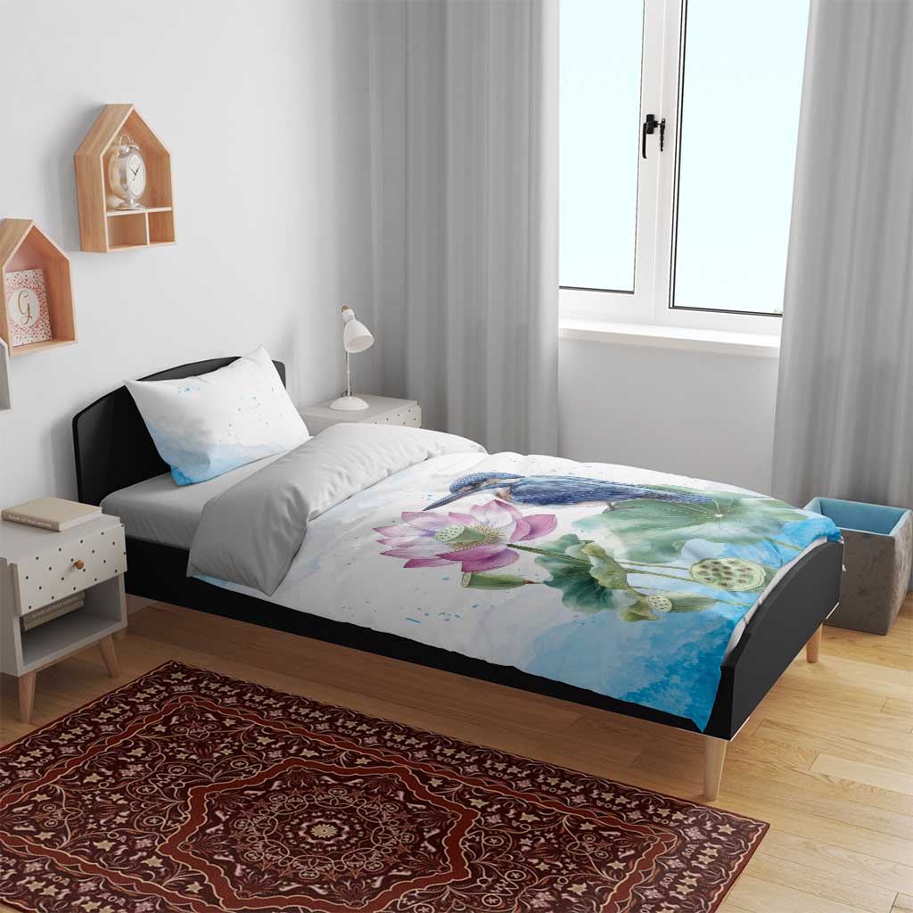 Australia Azure Kingfisher Bedding Set Ceyx Azureus Sacred Lotus Watercolor - Aussie Hoodie