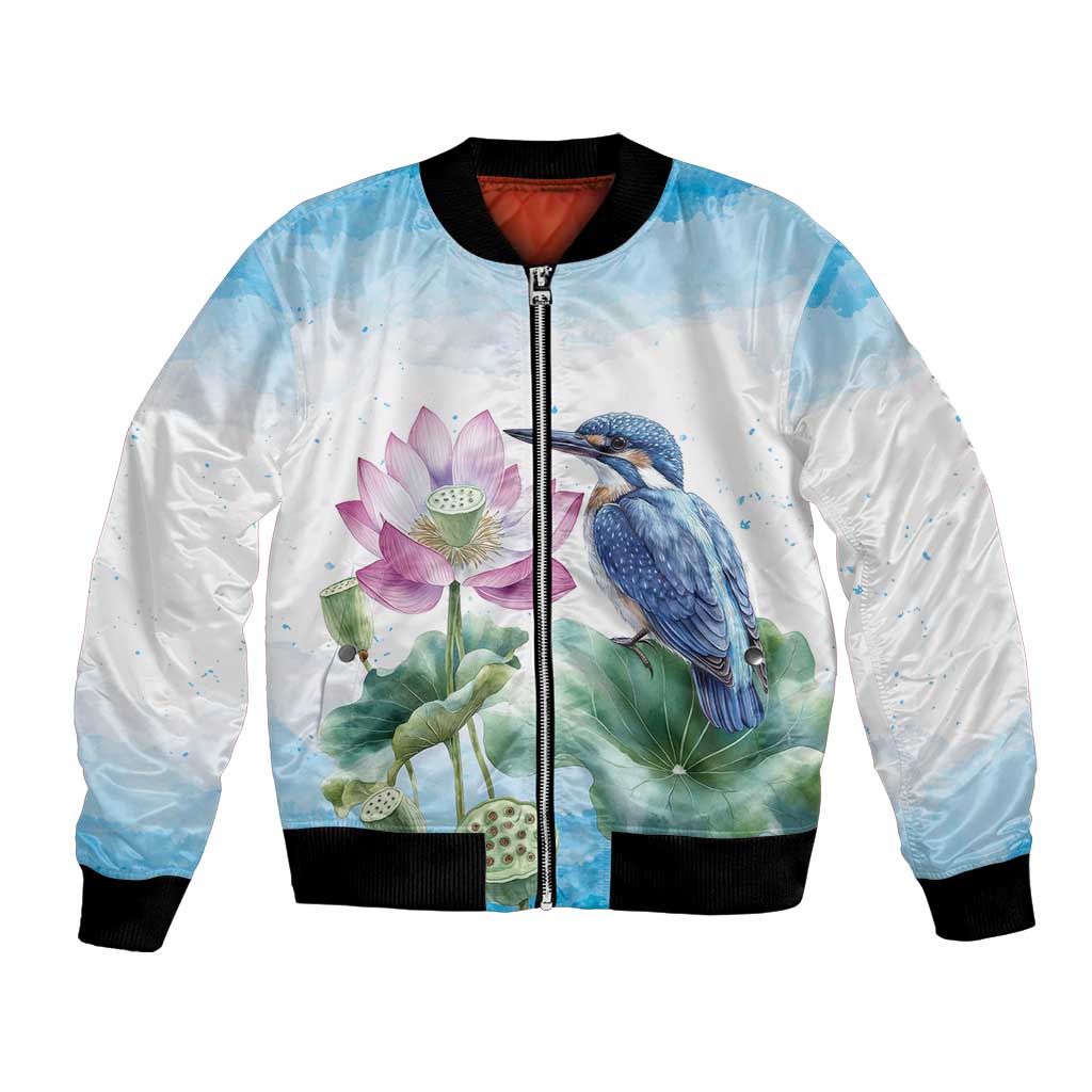 Australia Azure Kingfisher Bomber Jacket Ceyx Azureus Sacred Lotus Watercolor - Aussie Hoodie