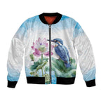 Australia Azure Kingfisher Bomber Jacket Ceyx Azureus Sacred Lotus Watercolor - Aussie Hoodie