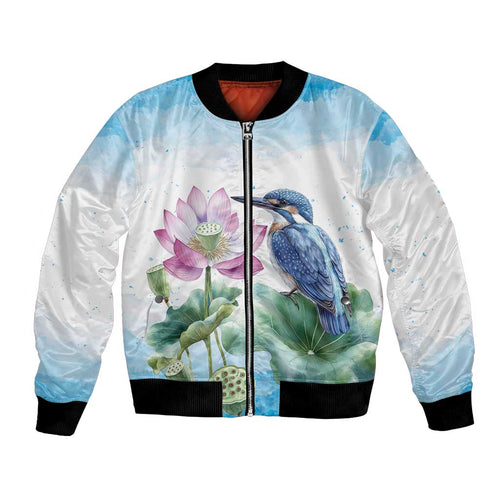 Australia Azure Kingfisher Bomber Jacket Ceyx Azureus Sacred Lotus Watercolor - Aussie Hoodie