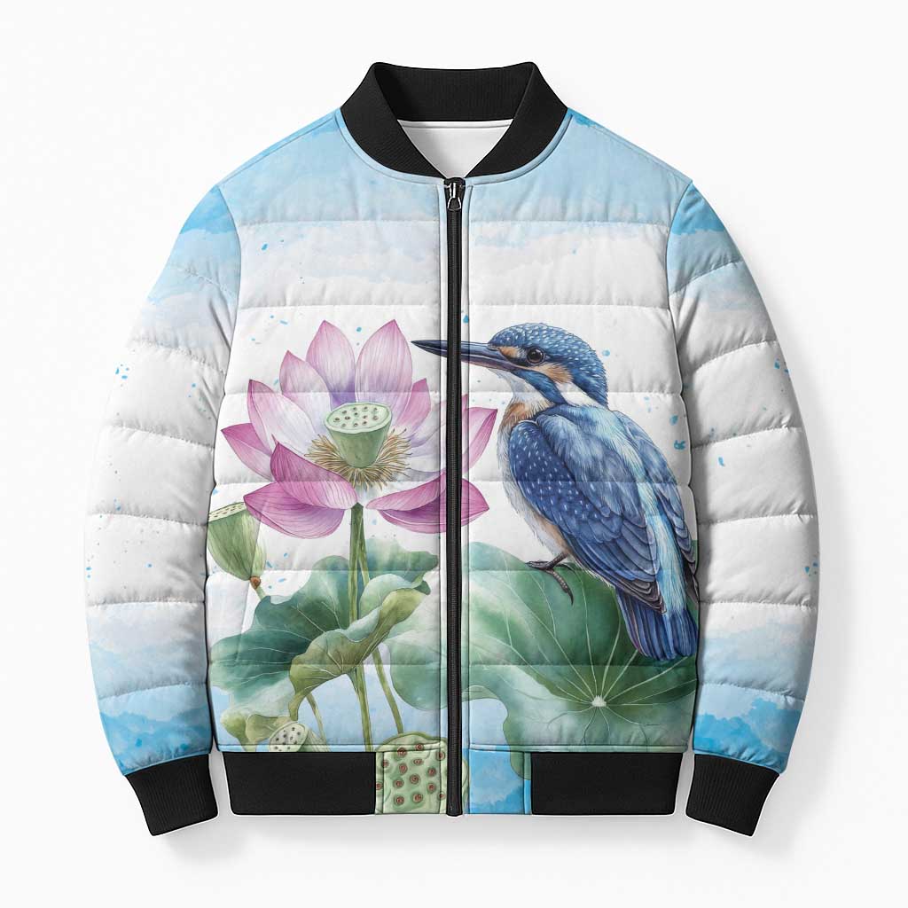Australia Azure Kingfisher Bomber Puffer Jacket Ceyx Azureus Sacred Lotus Watercolor - Aussie Hoodie