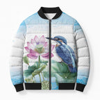 Australia Azure Kingfisher Bomber Puffer Jacket Ceyx Azureus Sacred Lotus Watercolor - Aussie Hoodie