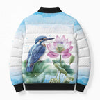Australia Azure Kingfisher Bomber Puffer Jacket Ceyx Azureus Sacred Lotus Watercolor - Aussie Hoodie