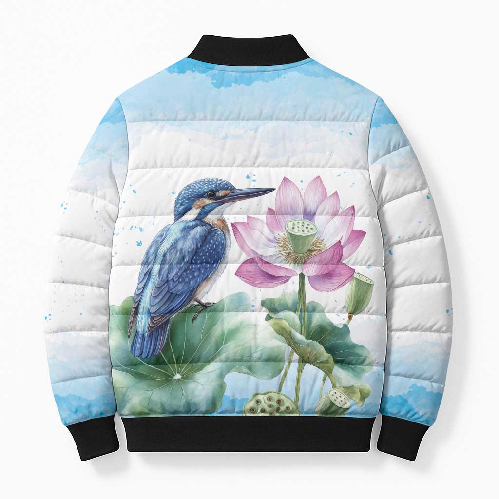 Australia Azure Kingfisher Bomber Puffer Jacket Ceyx Azureus Sacred Lotus Watercolor - Aussie Hoodie
