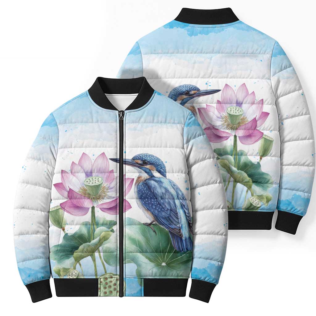 Australia Azure Kingfisher Bomber Puffer Jacket Ceyx Azureus Sacred Lotus Watercolor - Aussie Hoodie