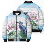 Australia Azure Kingfisher Bomber Puffer Jacket Ceyx Azureus Sacred Lotus Watercolor - Aussie Hoodie