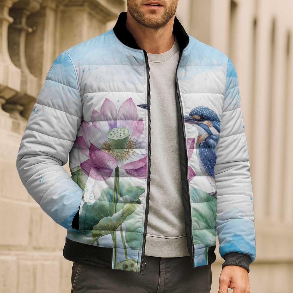 Australia Azure Kingfisher Bomber Puffer Jacket Ceyx Azureus Sacred Lotus Watercolor - Aussie Hoodie