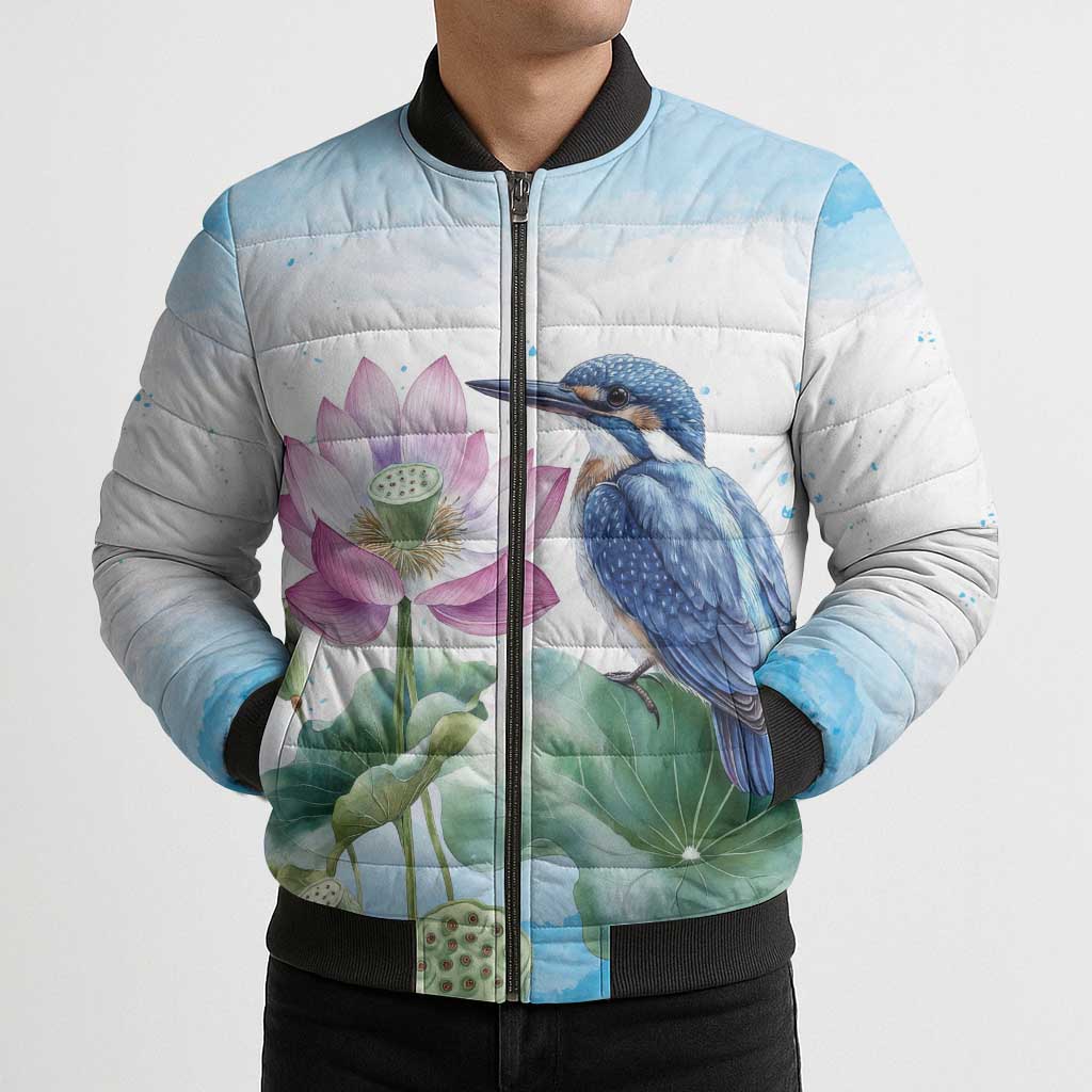 Australia Azure Kingfisher Bomber Puffer Jacket Ceyx Azureus Sacred Lotus Watercolor - Aussie Hoodie
