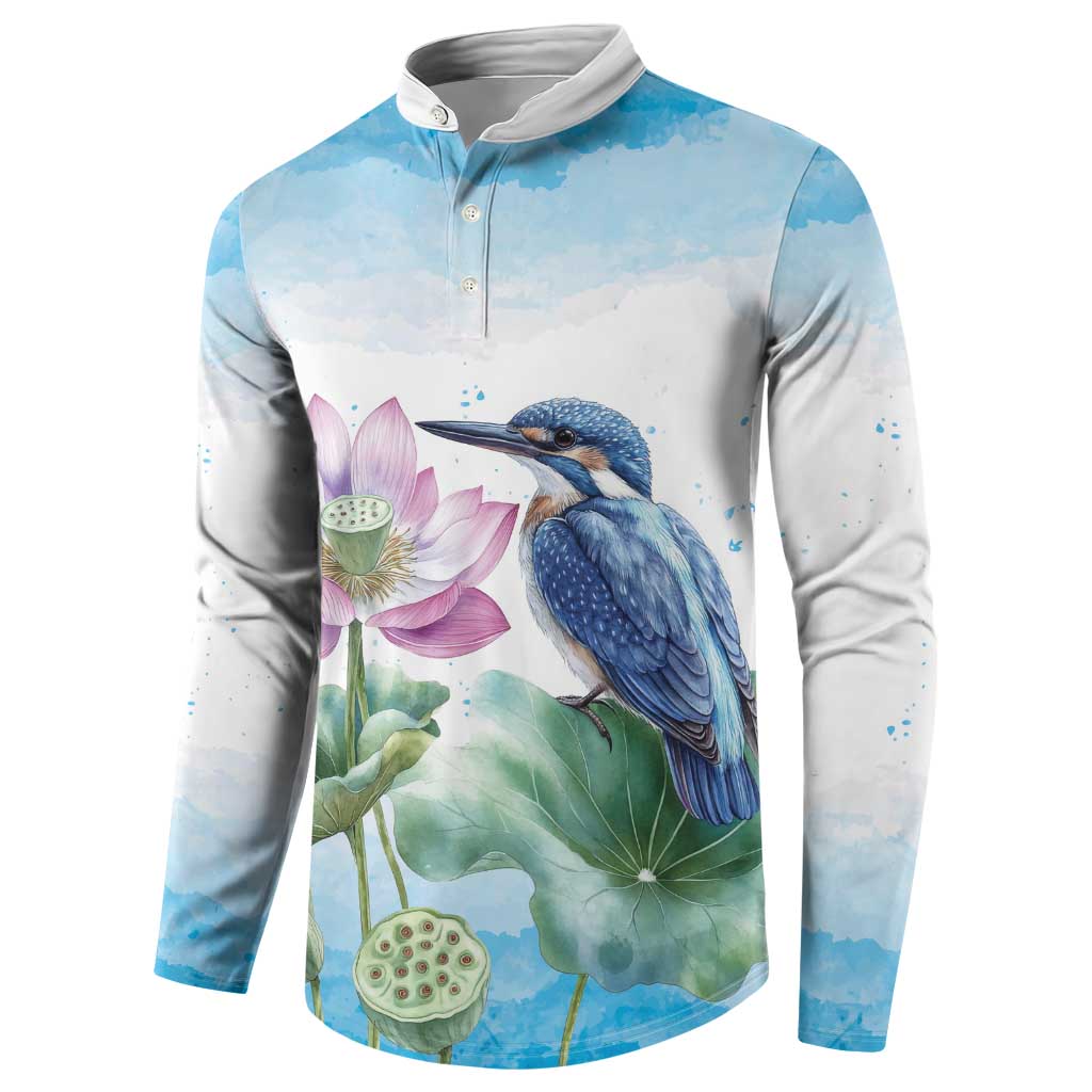 Australia Azure Kingfisher Button Sweatshirt Ceyx Azureus Sacred Lotus Watercolor - Aussie Hoodie
