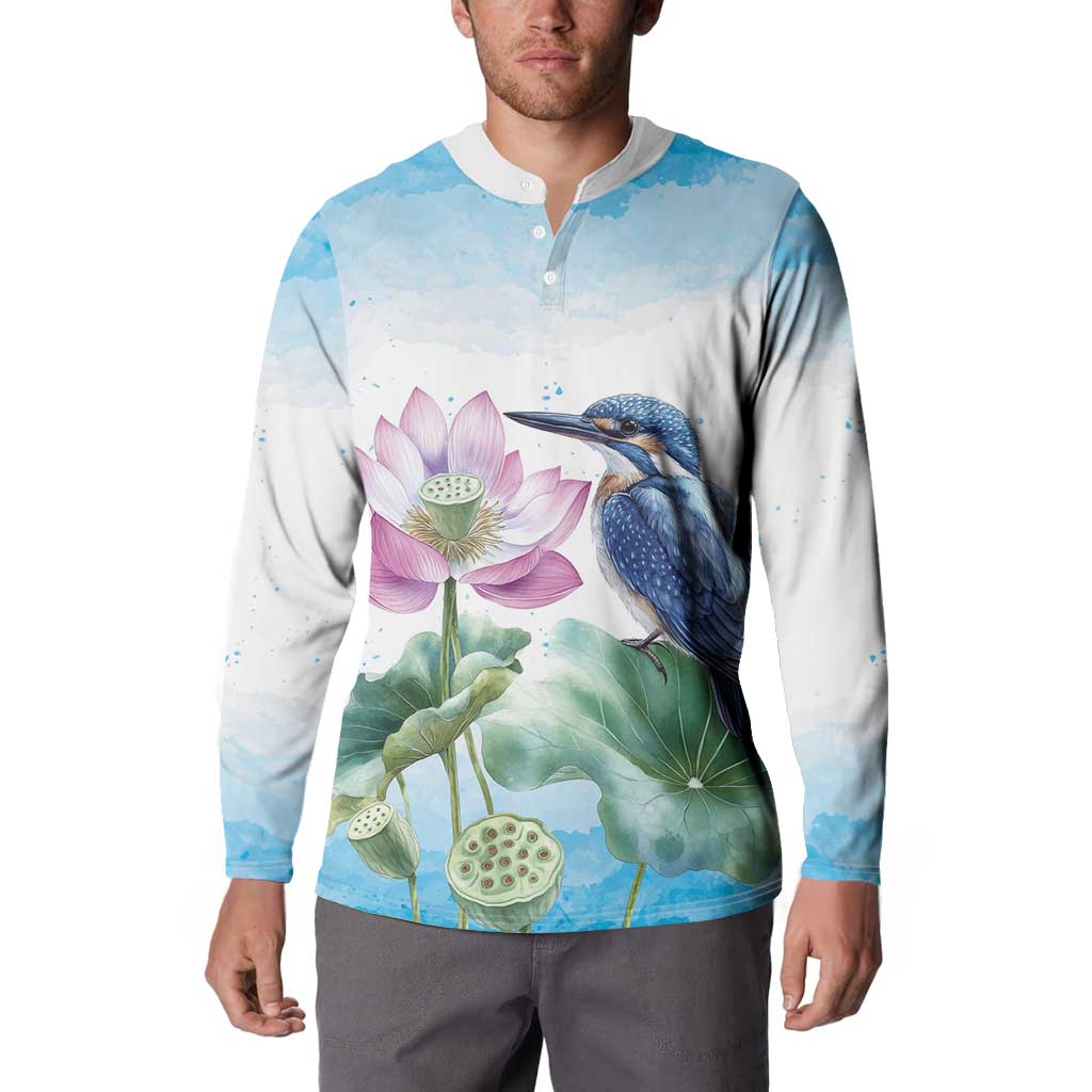 Australia Azure Kingfisher Button Sweatshirt Ceyx Azureus Sacred Lotus Watercolor - Aussie Hoodie