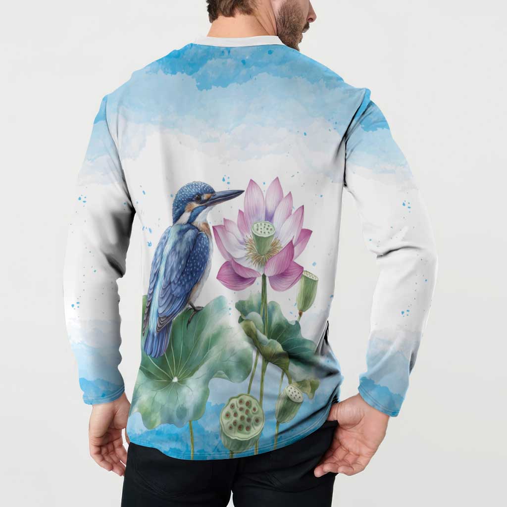 Australia Azure Kingfisher Button Sweatshirt Ceyx Azureus Sacred Lotus Watercolor - Aussie Hoodie
