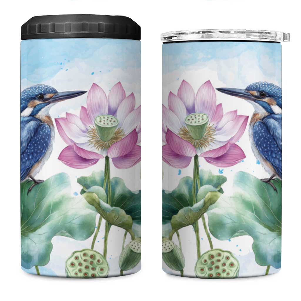 Australia Azure Kingfisher 4 in 1 Can Cooler Tumbler Ceyx Azureus Sacred Lotus Watercolor - Aussie Hoodie