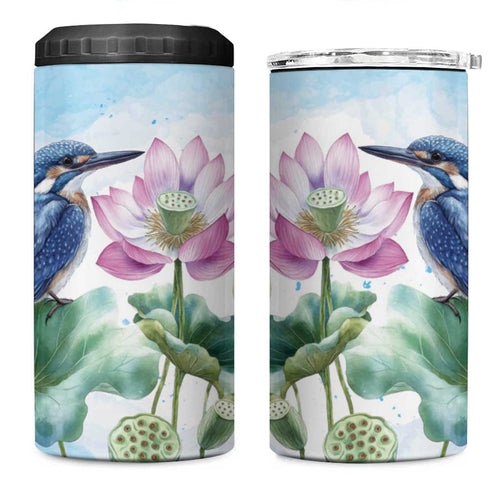 Australia Azure Kingfisher 4 in 1 Can Cooler Tumbler Ceyx Azureus Sacred Lotus Watercolor - Aussie Hoodie
