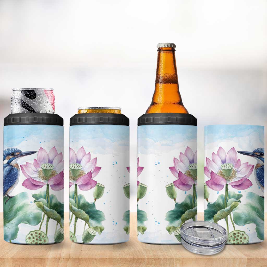 Australia Azure Kingfisher 4 in 1 Can Cooler Tumbler Ceyx Azureus Sacred Lotus Watercolor - Aussie Hoodie