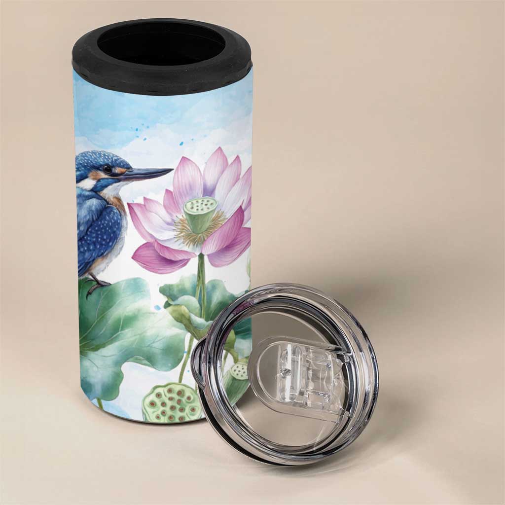 Australia Azure Kingfisher 4 in 1 Can Cooler Tumbler Ceyx Azureus Sacred Lotus Watercolor - Aussie Hoodie
