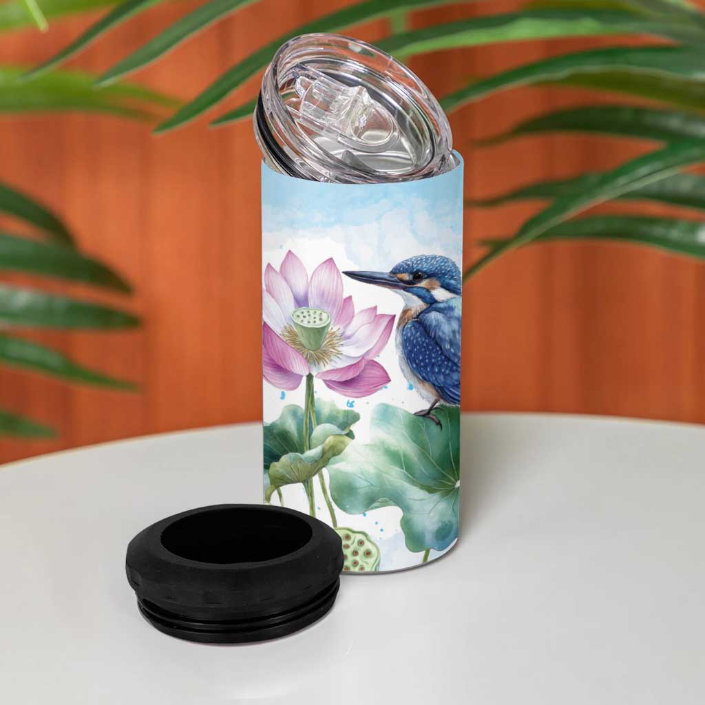 Australia Azure Kingfisher 4 in 1 Can Cooler Tumbler Ceyx Azureus Sacred Lotus Watercolor - Aussie Hoodie