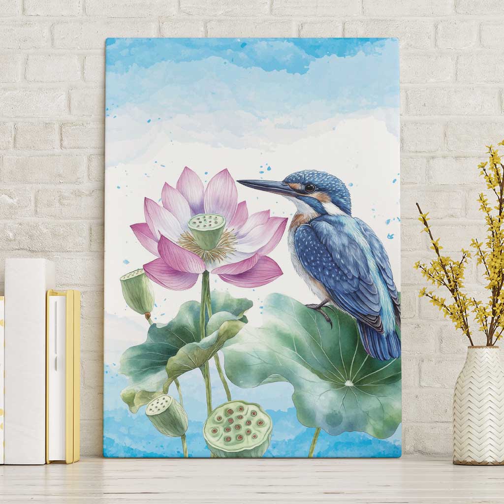 Australia Azure Kingfisher Canvas Wall Art Ceyx Azureus Sacred Lotus Watercolor - Aussie Hoodie