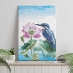 Australia Azure Kingfisher Canvas Wall Art Ceyx Azureus Sacred Lotus Watercolor - Aussie Hoodie
