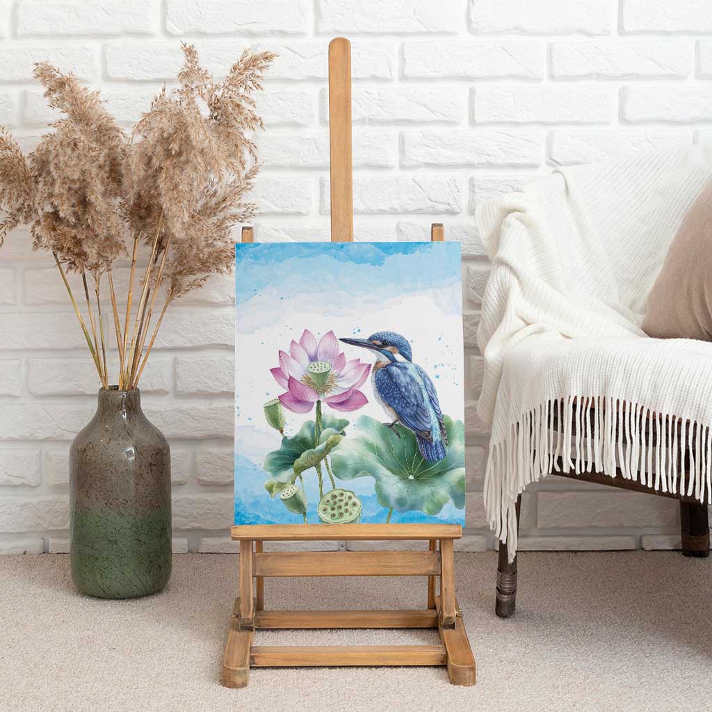 Australia Azure Kingfisher Canvas Wall Art Ceyx Azureus Sacred Lotus Watercolor - Aussie Hoodie