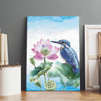 Australia Azure Kingfisher Canvas Wall Art Ceyx Azureus Sacred Lotus Watercolor - Aussie Hoodie