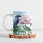 Australia Azure Kingfisher Ceramic Mug Ceyx Azureus Sacred Lotus Watercolor - Aussie Hoodie
