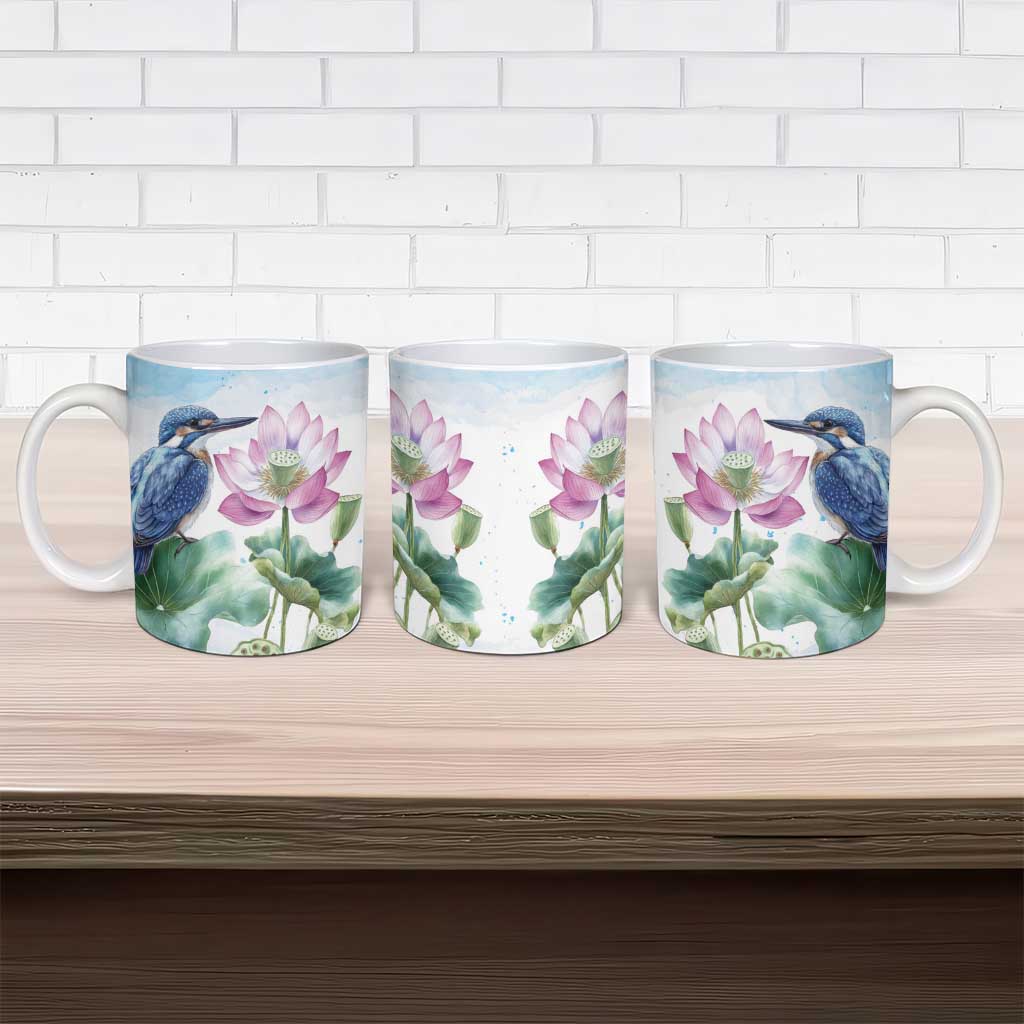 Australia Azure Kingfisher Ceramic Mug Ceyx Azureus Sacred Lotus Watercolor - Aussie Hoodie