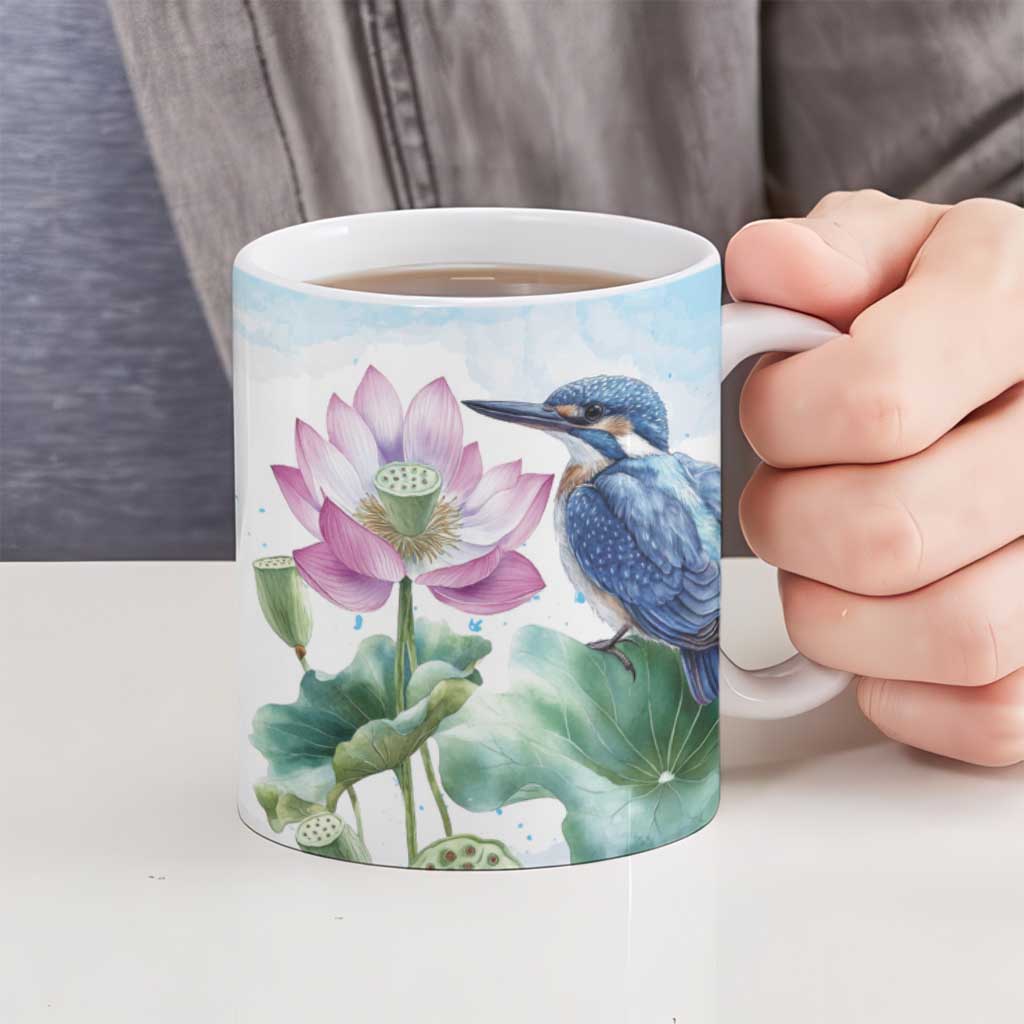 Australia Azure Kingfisher Ceramic Mug Ceyx Azureus Sacred Lotus Watercolor - Aussie Hoodie