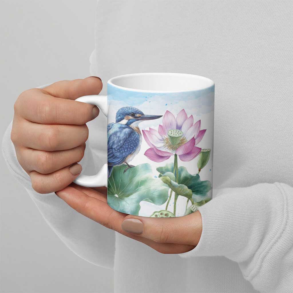 Australia Azure Kingfisher Ceramic Mug Ceyx Azureus Sacred Lotus Watercolor - Aussie Hoodie