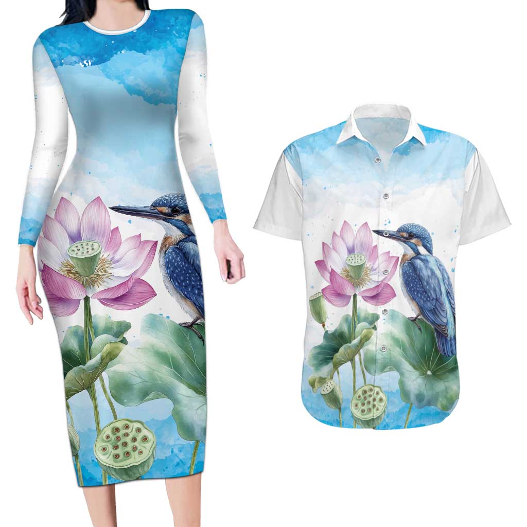 Australia Azure Kingfisher Couples Matching Long Sleeve Bodycon Dress and Hawaiian Shirt Ceyx Azureus Sacred Lotus Watercolor - Aussie Hoodie