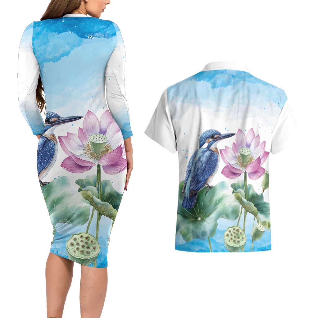 Australia Azure Kingfisher Couples Matching Long Sleeve Bodycon Dress and Hawaiian Shirt Ceyx Azureus Sacred Lotus Watercolor - Aussie Hoodie